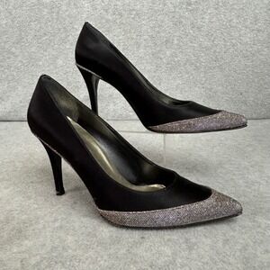Stuart Weitzman Black Satin Glitter Pointed Toe Stiletto Heels Sz 8M luxury chic